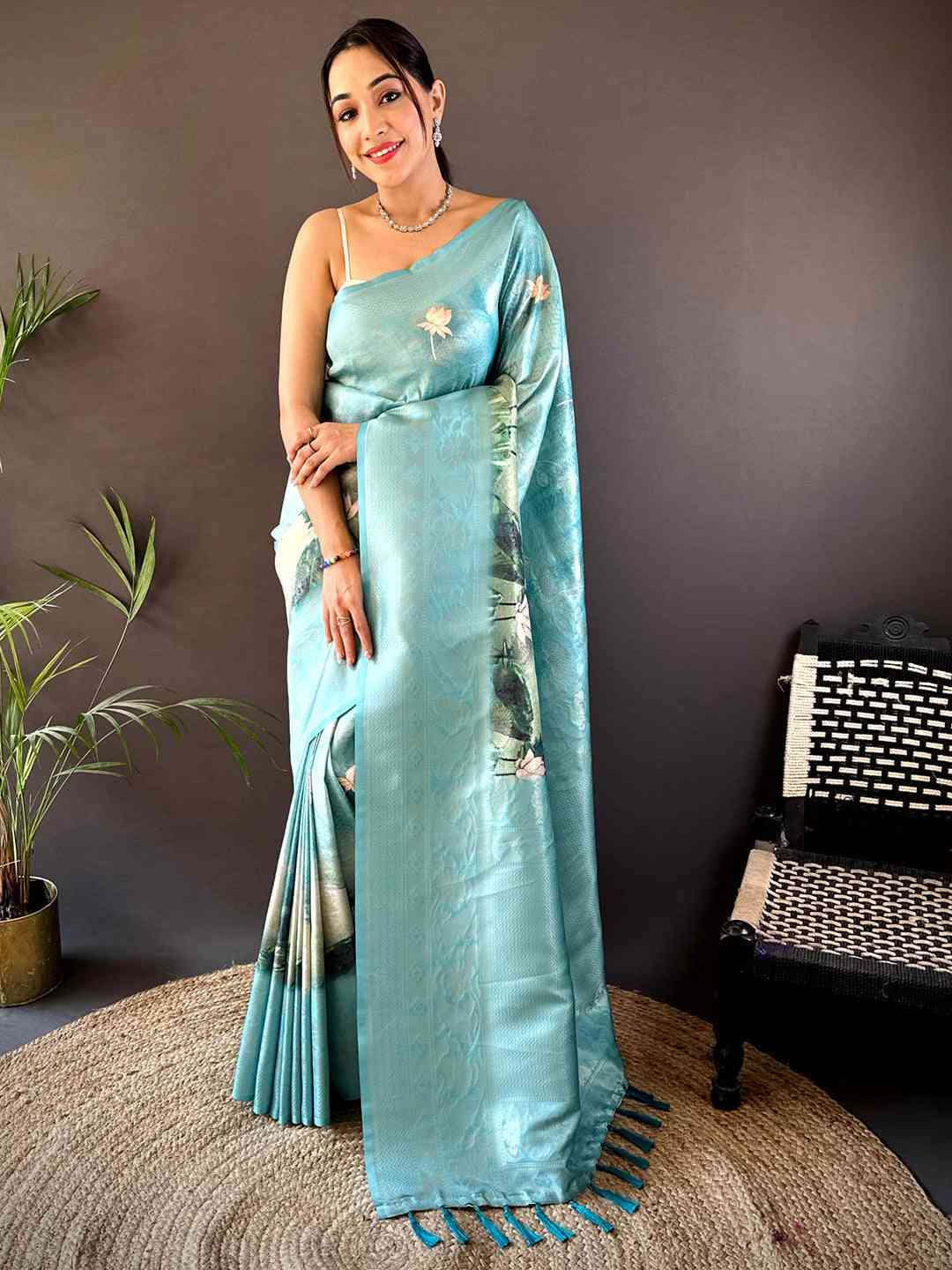 Turquoise Kanjivaram Digital Silk Saree