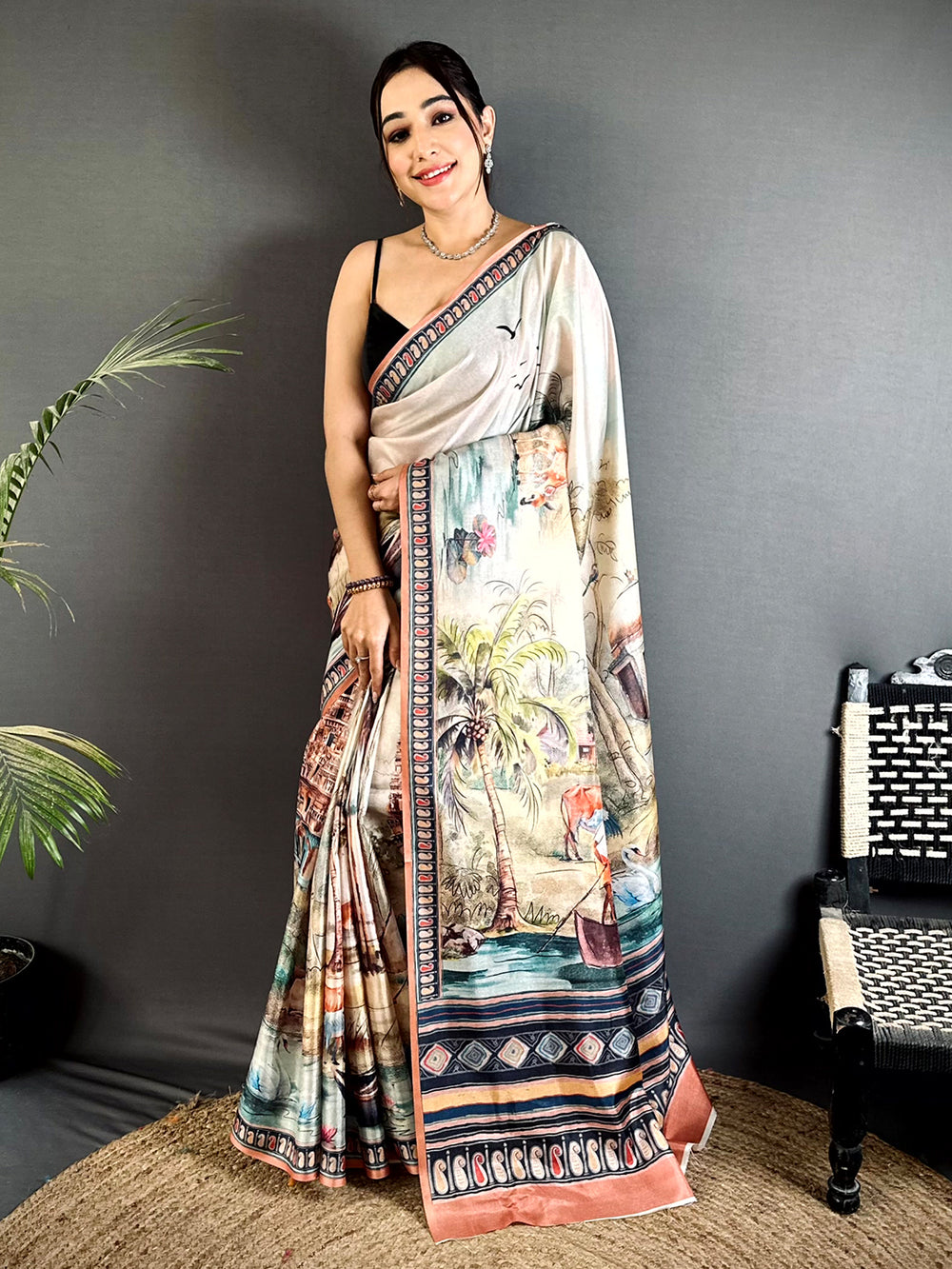Stylish Free-Hand Semi Tussar Saree