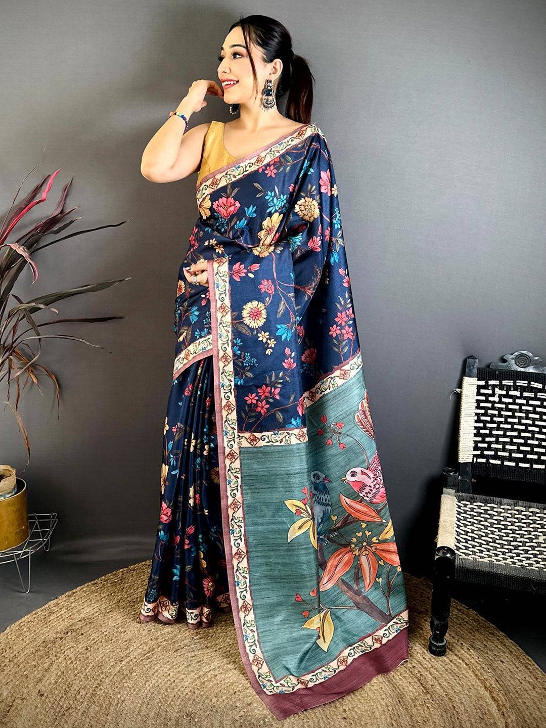 Navy Tussar Pen Kalamkari Print Saree