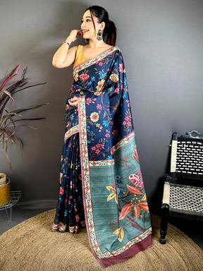 Navy Tussar Pen Kalamkari Print Saree