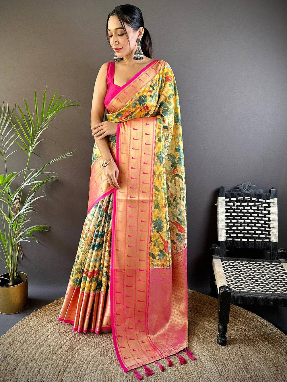 Yellow Floral Paithani Kora Silk Saree