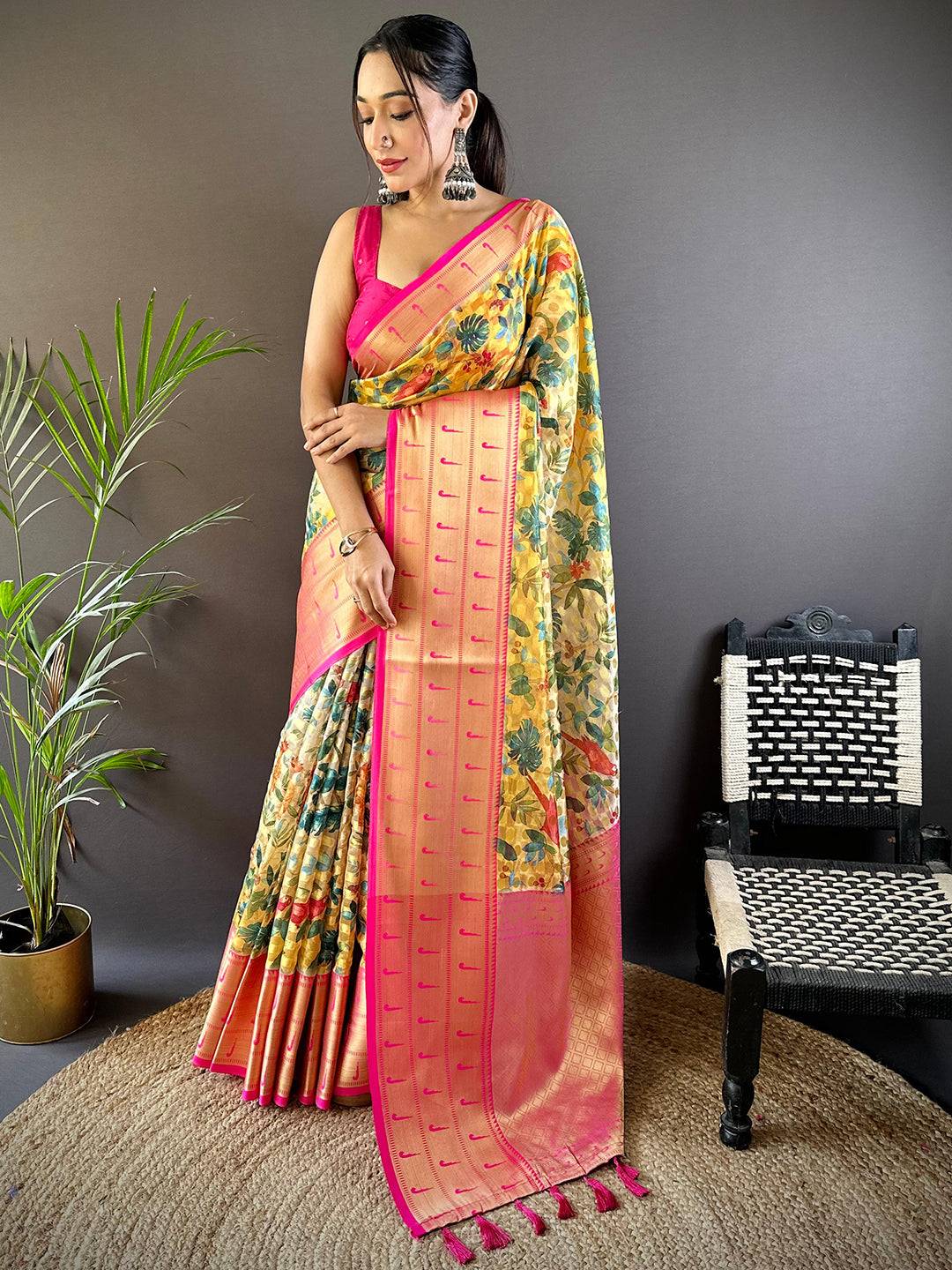 Yellow Floral Paithani Kora Silk Saree