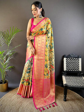 Yellow Floral Paithani Kora Silk Saree