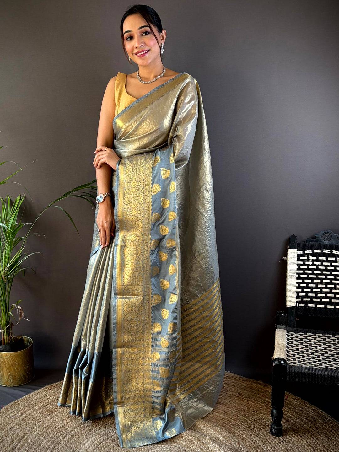 Gold Tissue Saree With Jacquard Woven Work