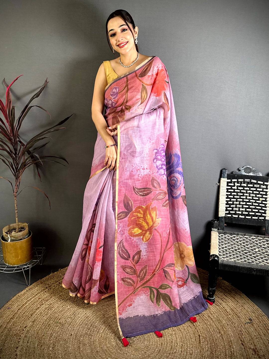 Pink Gold Zari Linen Chanderi Saree