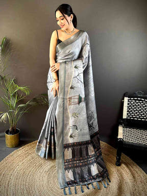Slate Grey Tissue Chanderi Japanese Print Saree