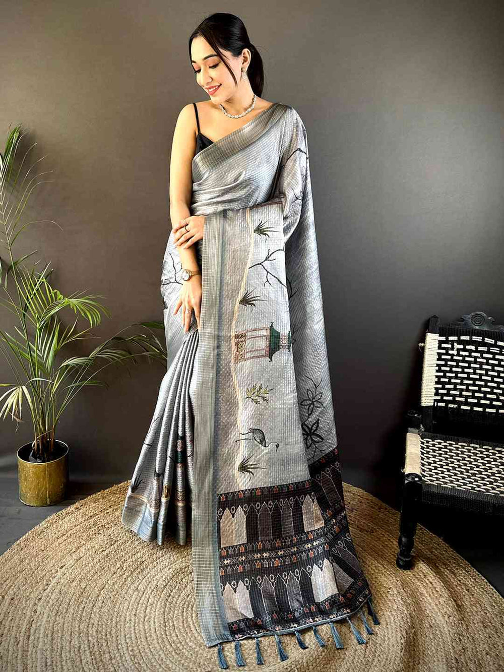 Slate Grey Tissue Chanderi Japanese Print Saree
