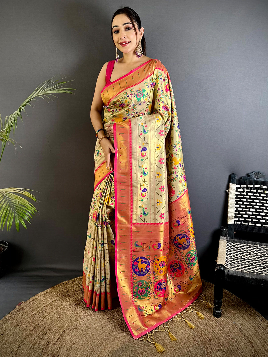 Cream Patola Motif Soft Silk Saree