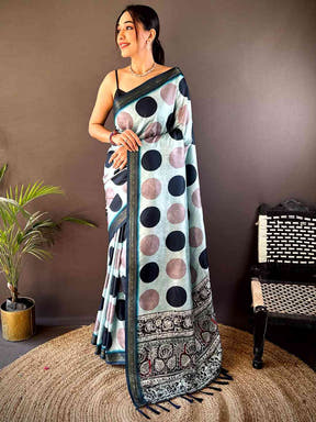Sky Blue Soft Silk Polka Dot Print Saree