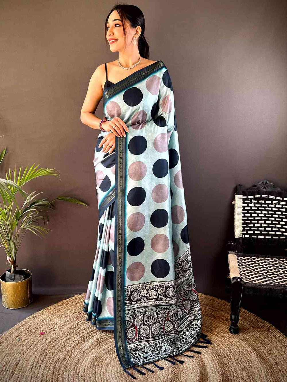 Sky Blue Soft Silk Polka Dot Print Saree
