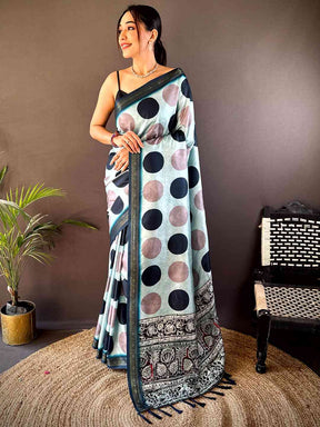 Sky Blue Soft Silk Polka Dot Print Saree
