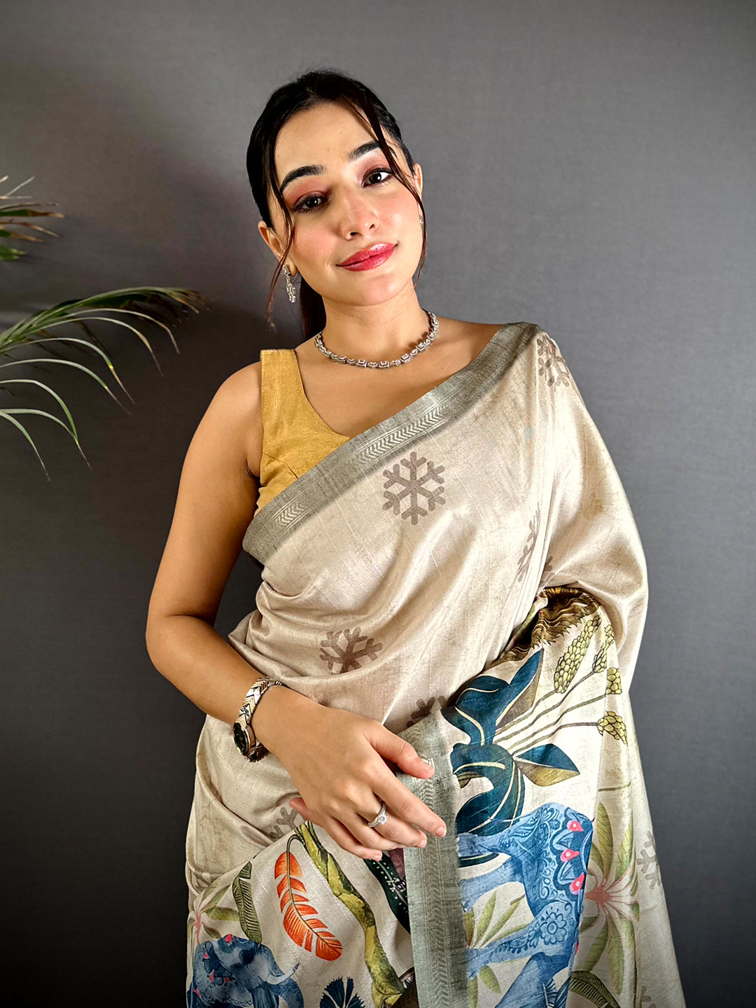 Beige Tussar Ghicha Pichwai Fusion Saree