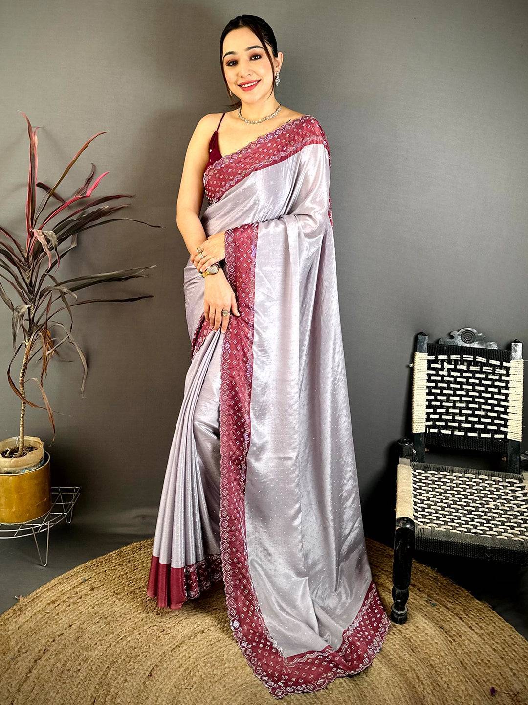 Grey Poly Chiffon Diamond Stone Work Saree
