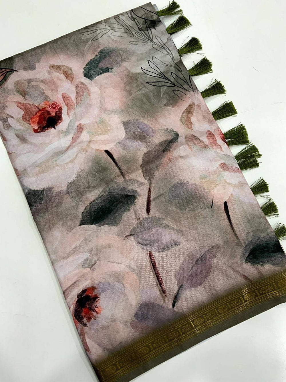Grey Soft Silk Watercolor Floral Print Saree