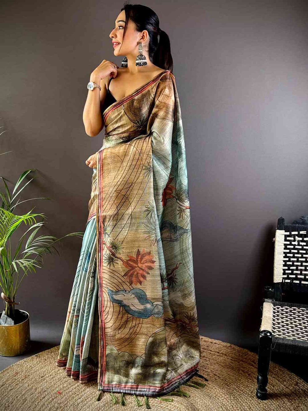 Sky Blue Tissue Chanderi Floral Abstract Saree
