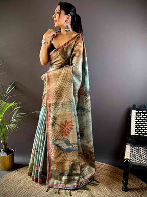 Sky Blue Tissue Chanderi Floral Abstract Saree