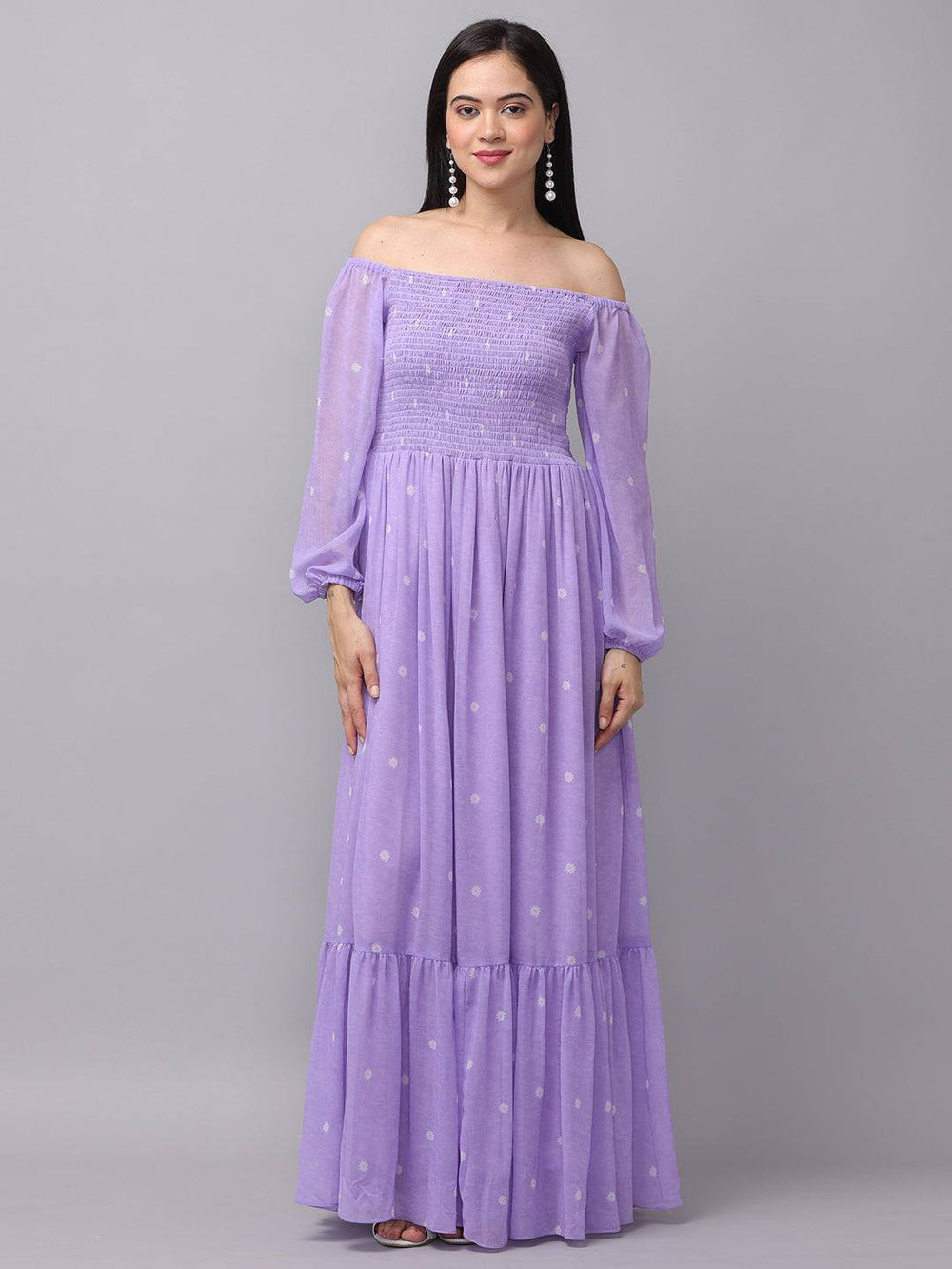 Lilac polka dot smocked maxi dress front view