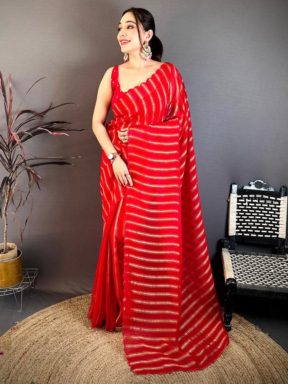 Red Gold Zari Stripe Chiffon Saree