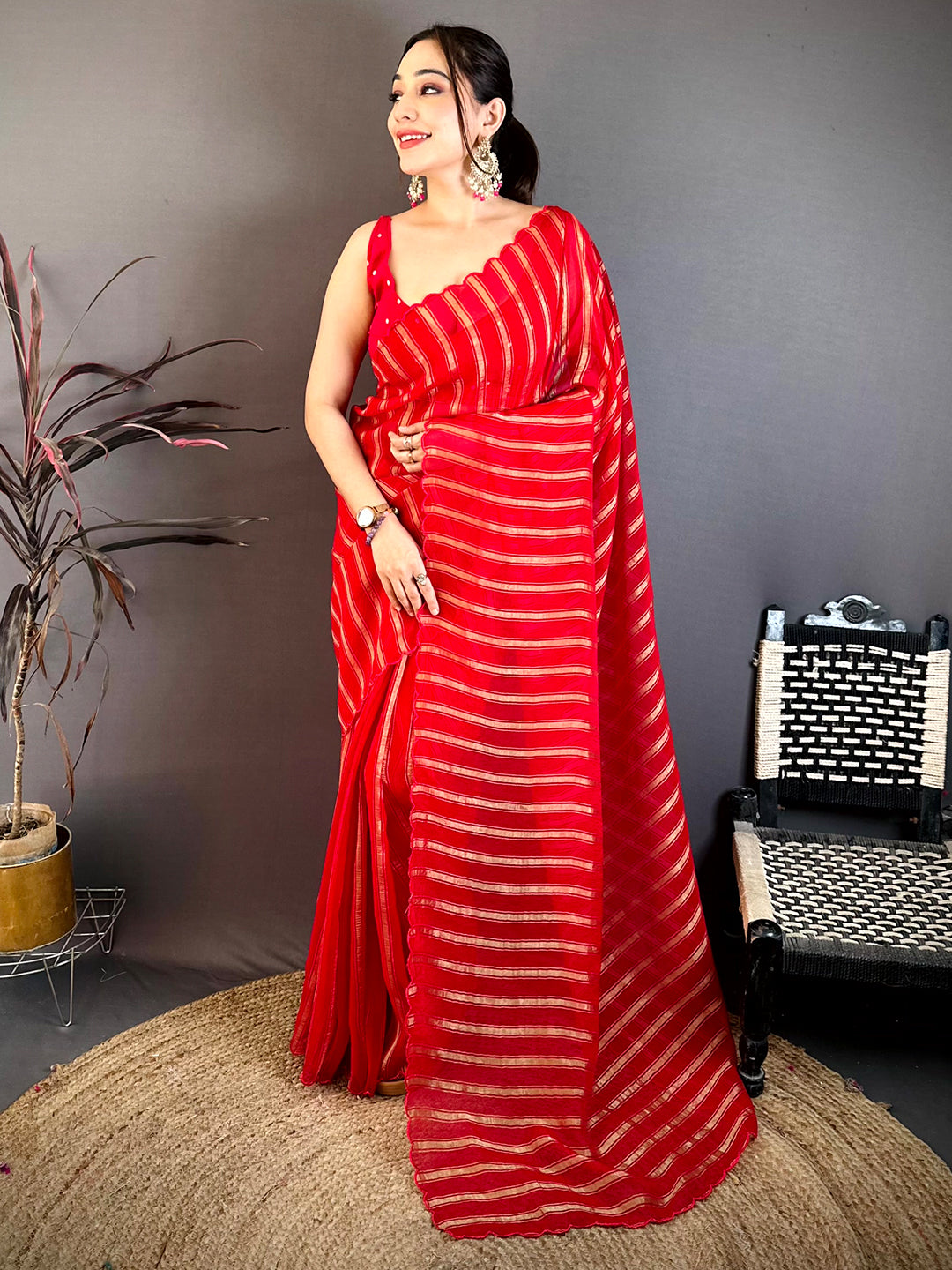 Red Gold Zari Stripe Chiffon Saree