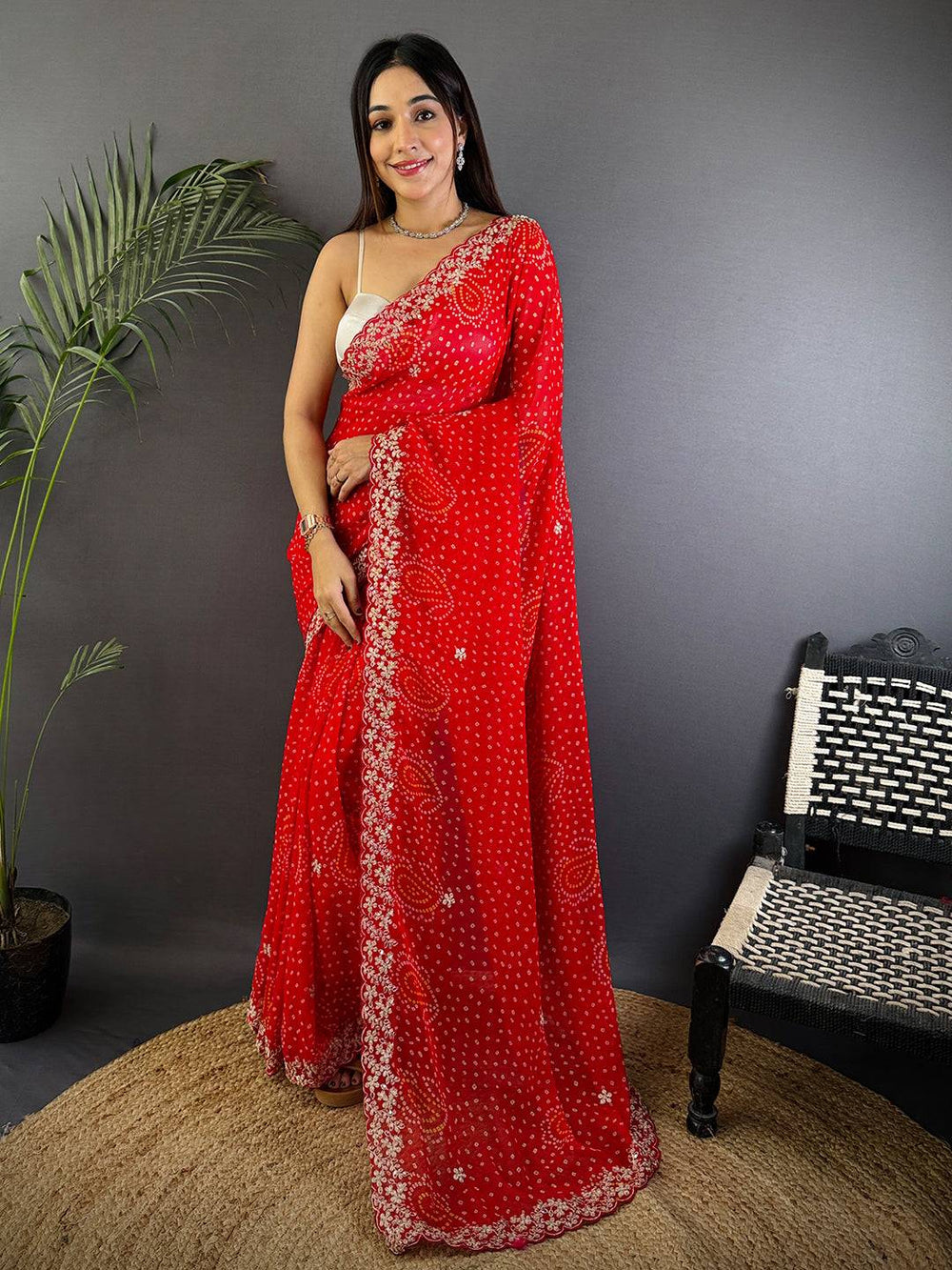 Red Soft Georgette Bandhej Print Saree