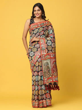 Soft Linen Kalamkari Block Print  With Sequin Border 