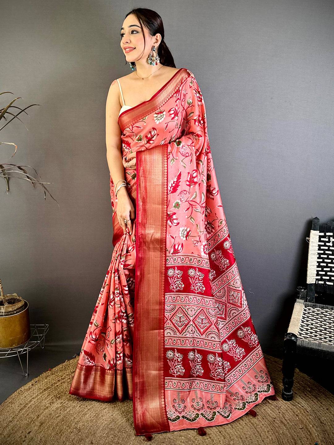 Peach Soft Dola Silk Floral Kanchi Border Saree