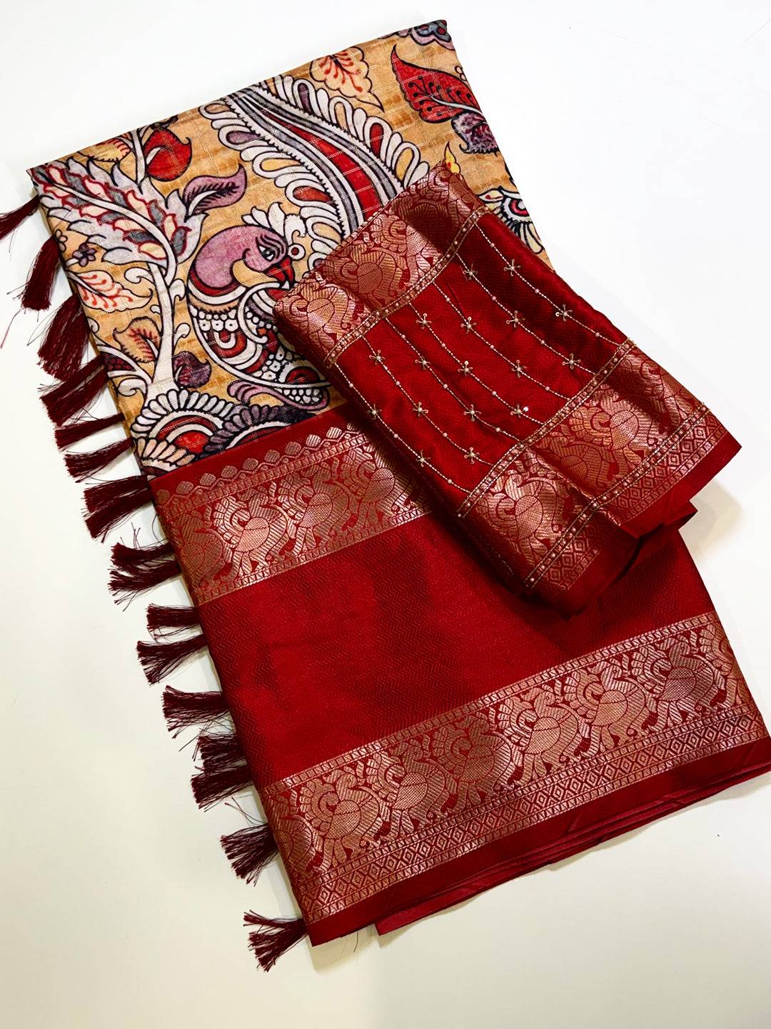 Mustard Double Border Chex Weaving Saree With Maggam Blouse