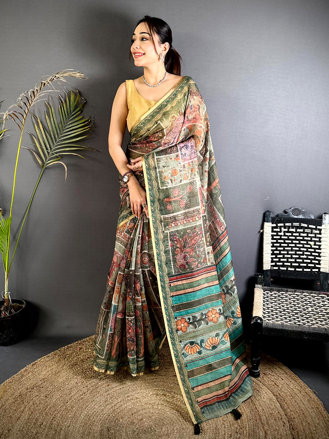 Royal Minakari Kalamkari Linen Saree