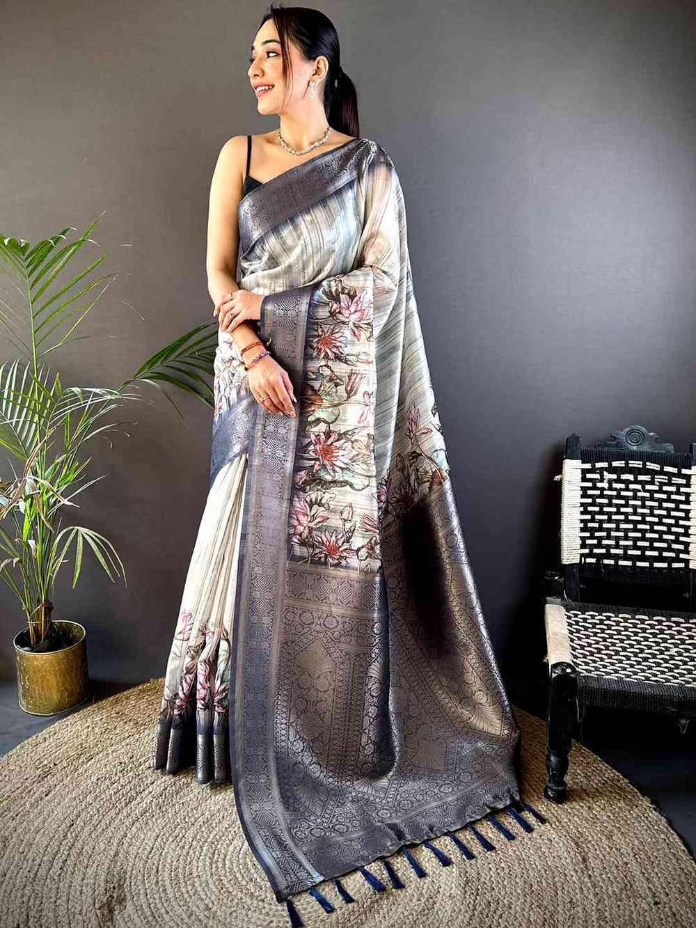 Grey Ghicha Weave Floral Saree