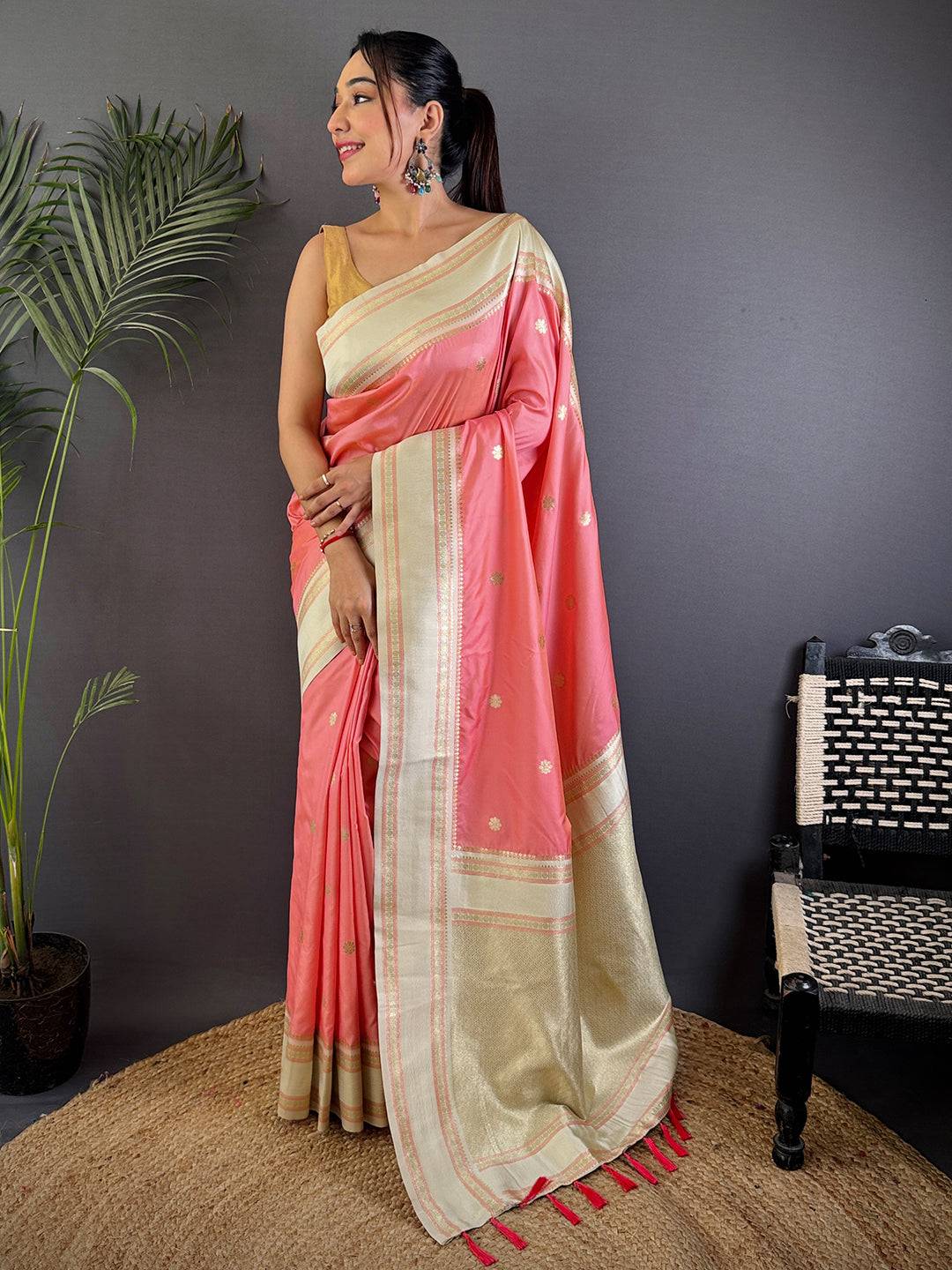 Radiant Peach Soft Silk Floral Butta Saree

