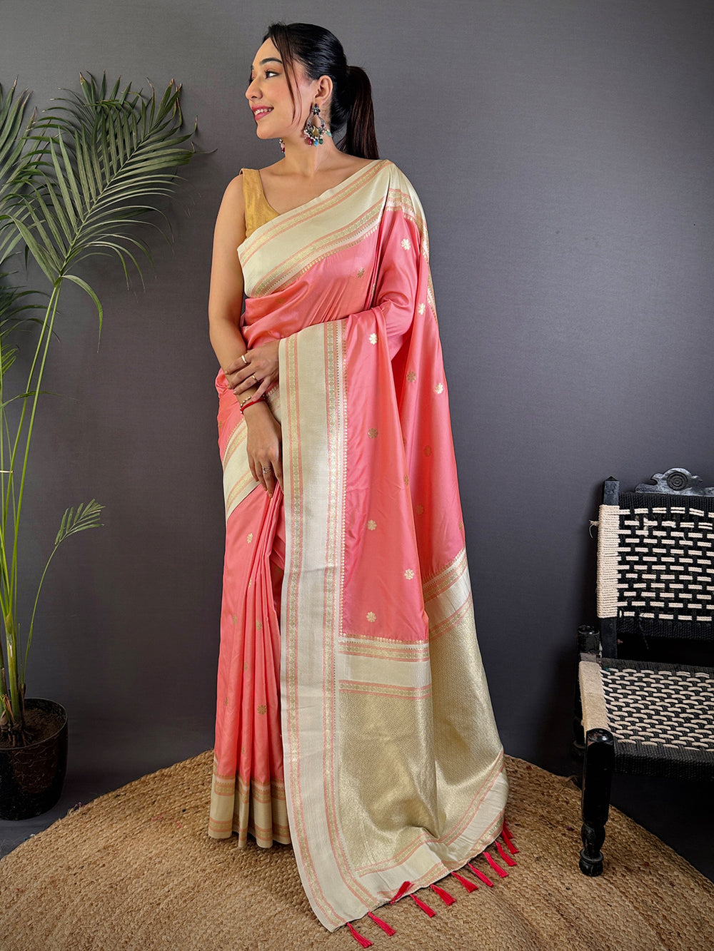 Radiant Peach Soft Silk Floral Butta Saree