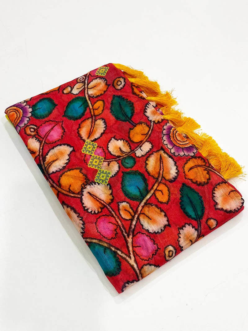 Red Linen Floral Kalamkari Print Saree
