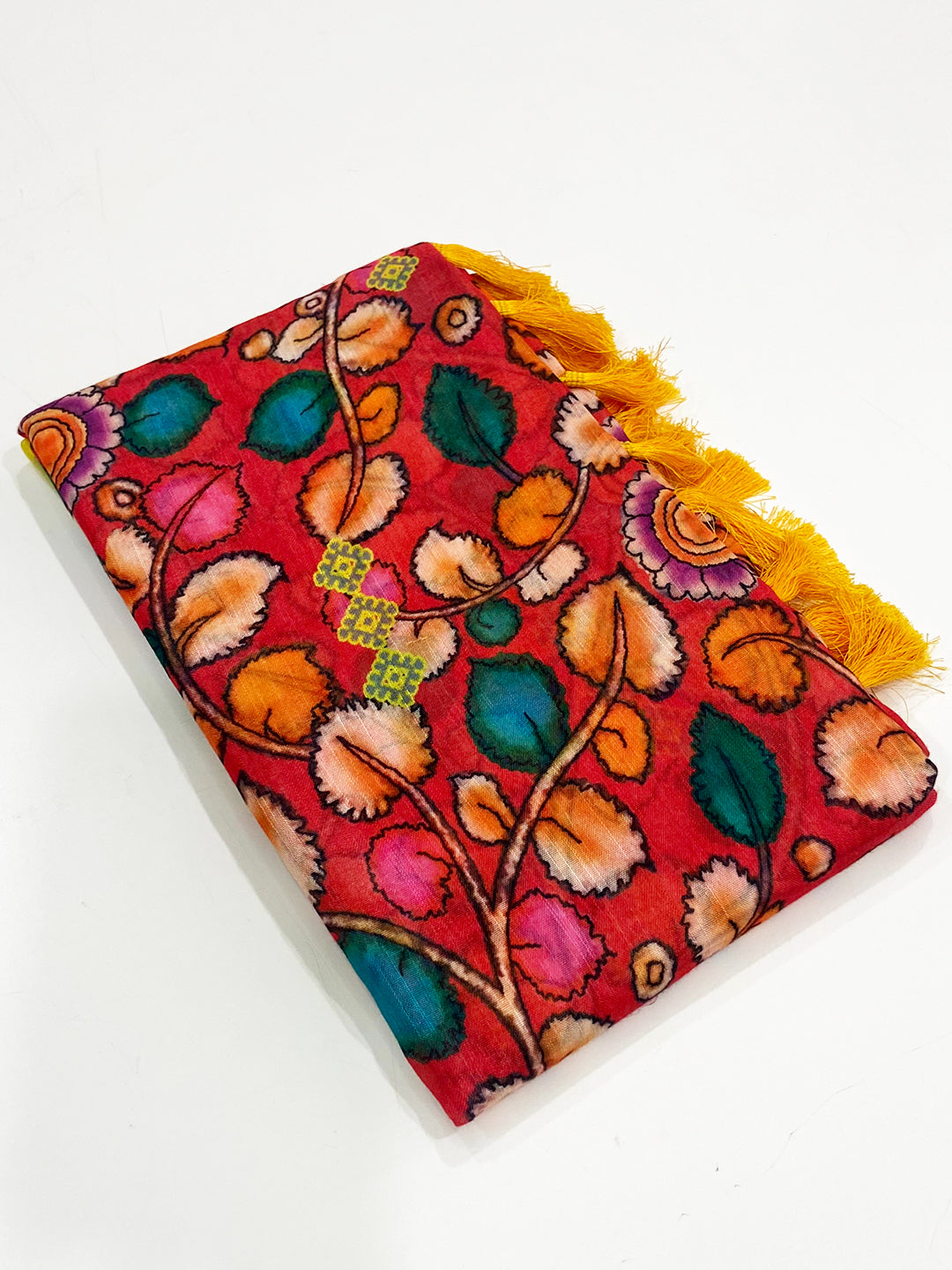 Red Linen Floral Kalamkari Print Saree