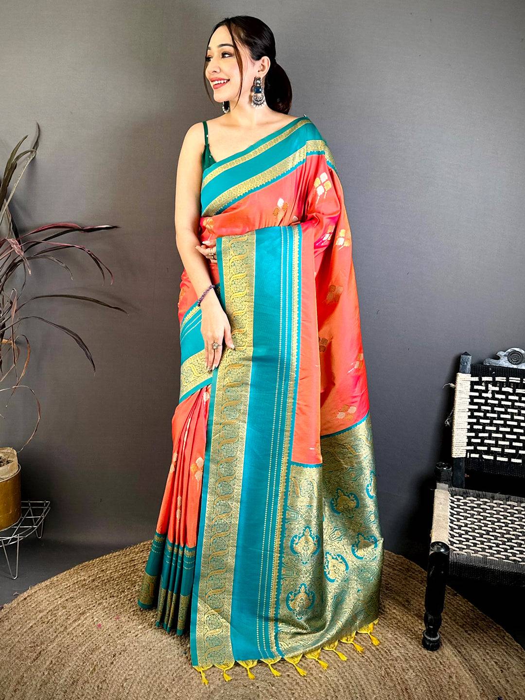 Coral Soft Silk Kanchi Gadwal Saree