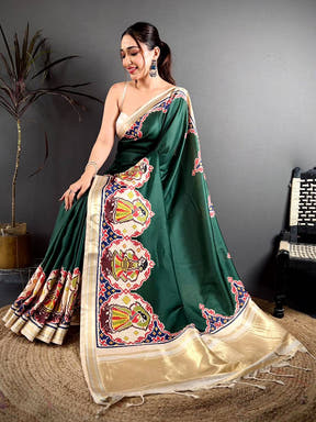 Green Patola Print Soft Kanchi Silk Saree