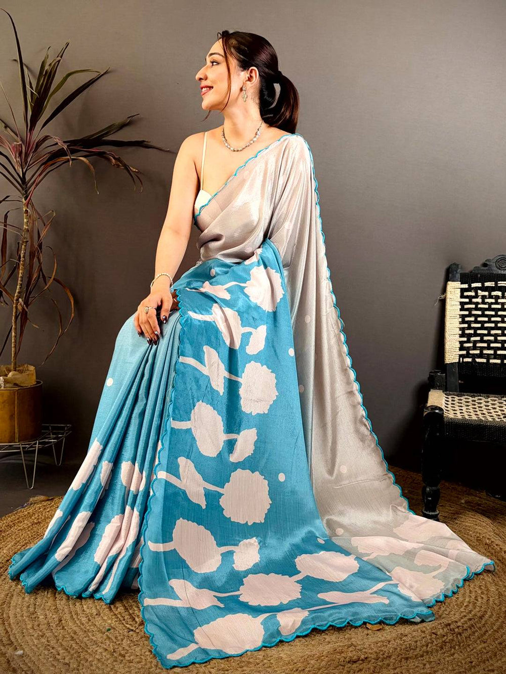 Elegant Floral Print Embroidered Chinnon Saree