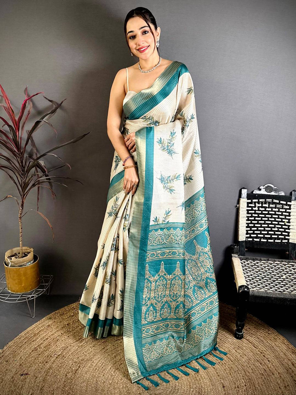 Rama Leaf Minakari Tussar Saree