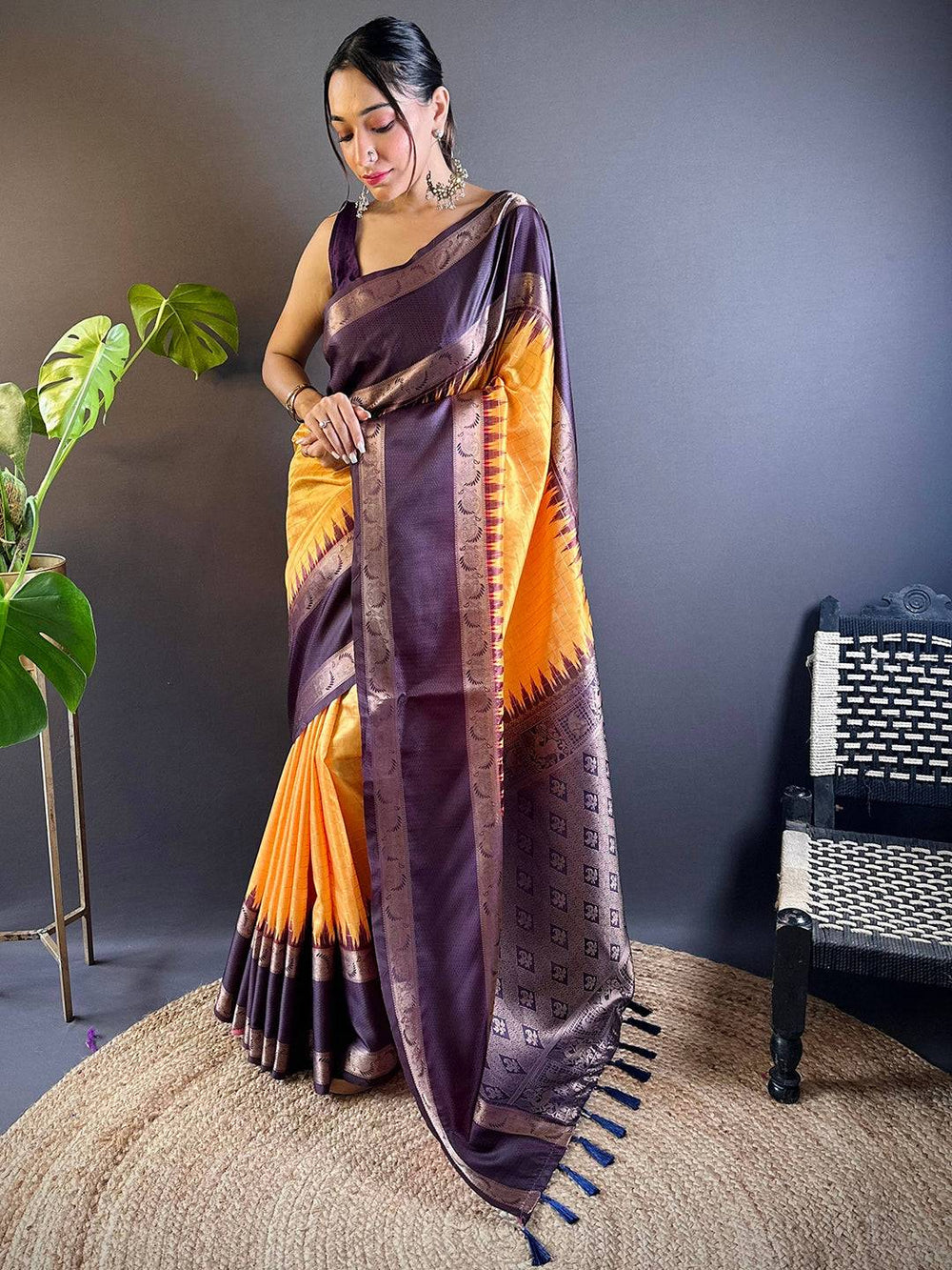 Yellow Rettapet Zari Chex Banarasi Silk Saree