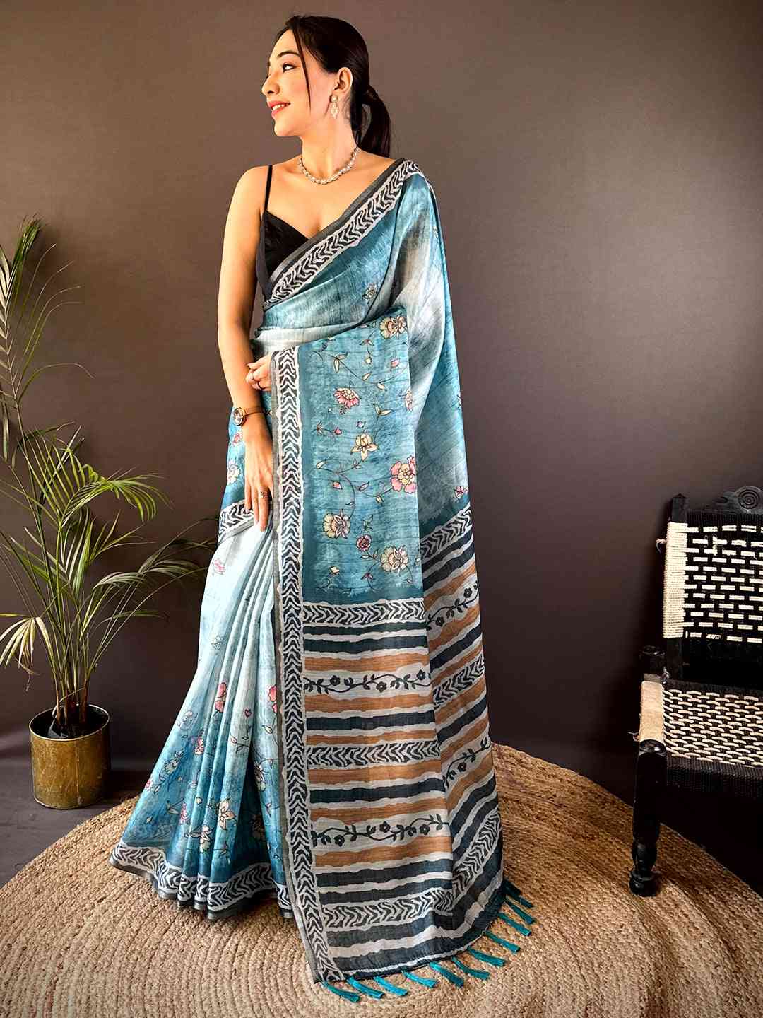 Blue Tissue Digital Print Saree