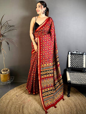 Red Mul Cotton Ajrak Vintage Print Saree