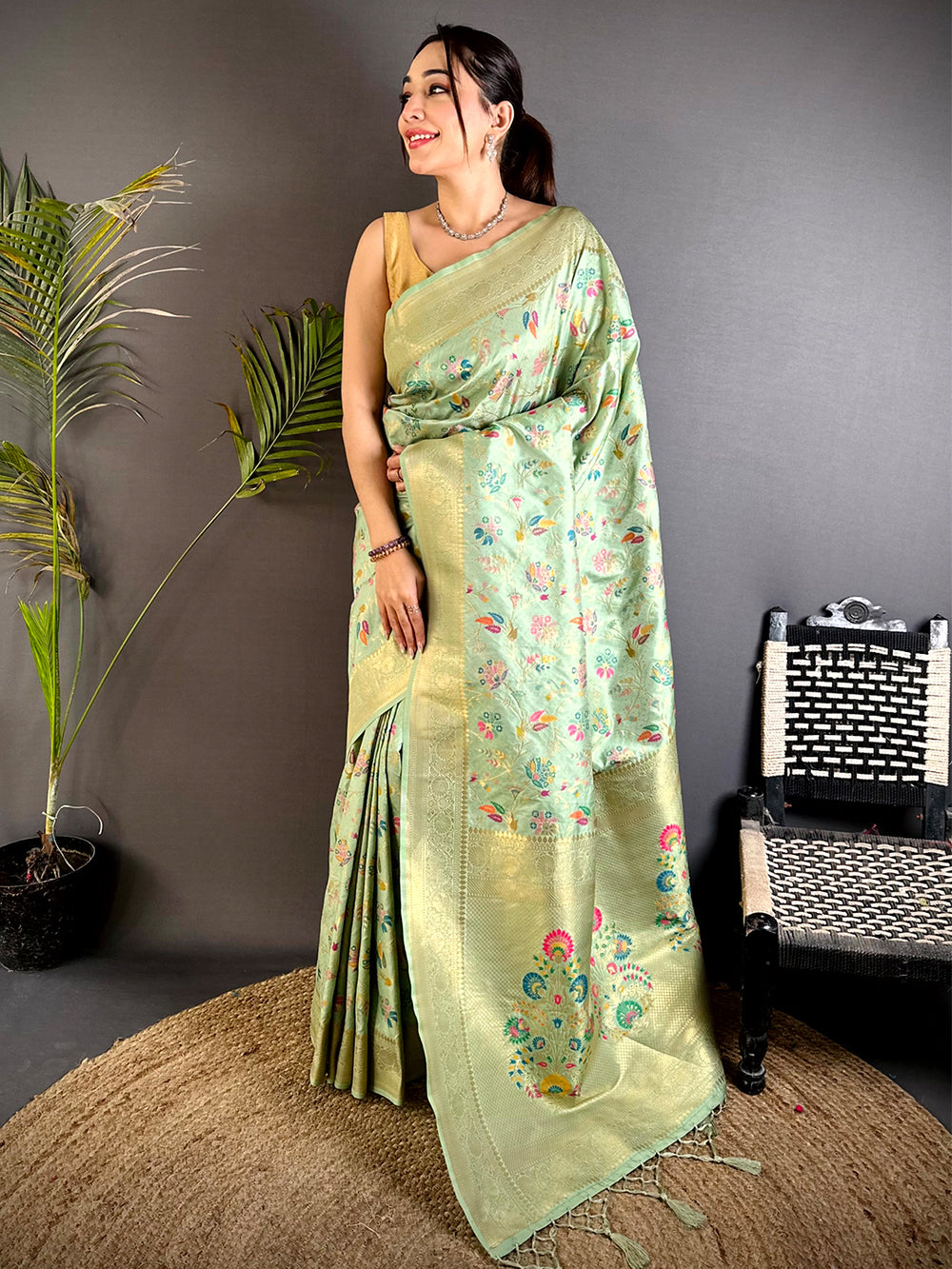 Pista Banarasi Minakari Floral Silk Saree