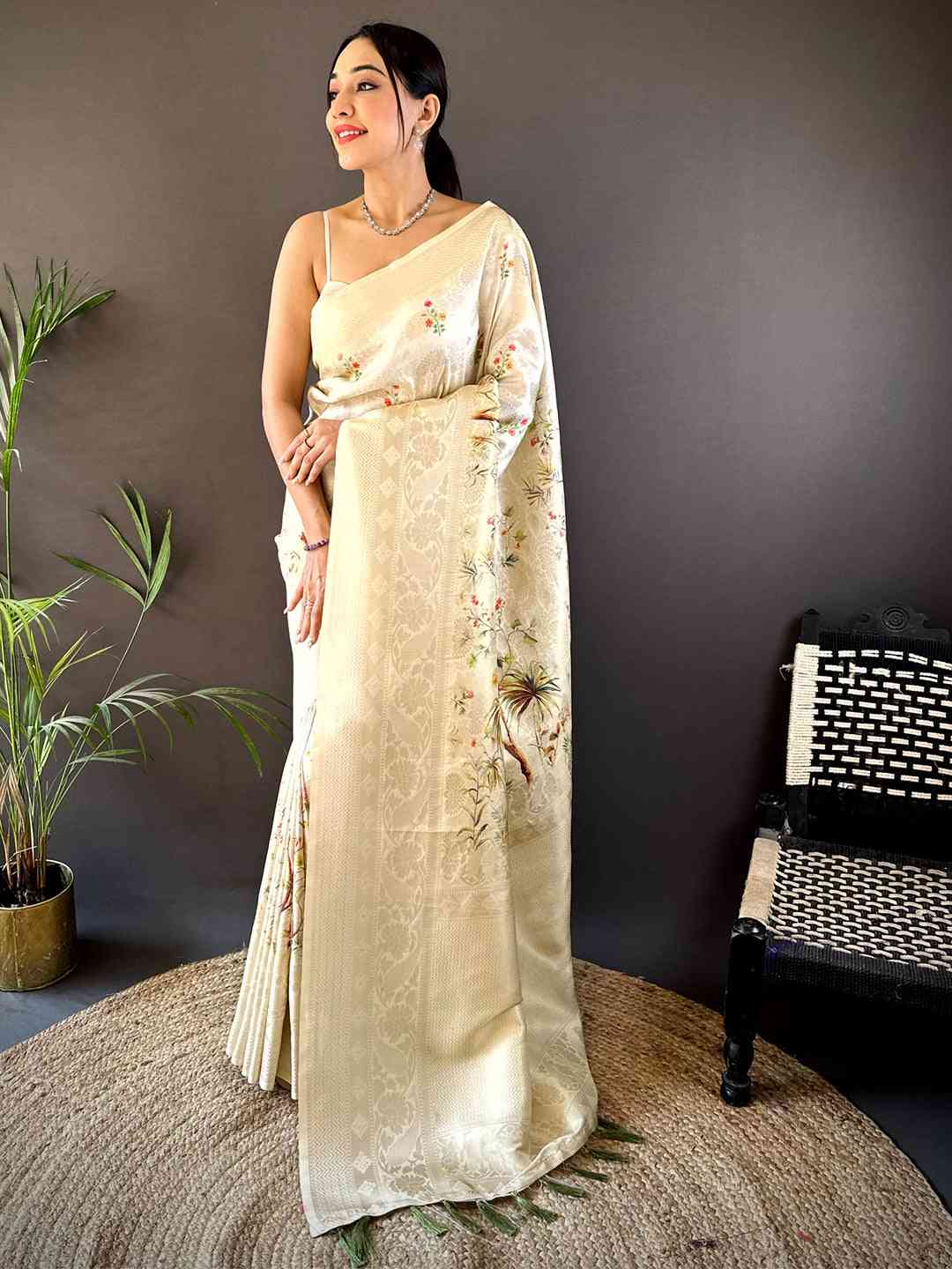 White Kanjivaram Digital Silk Saree