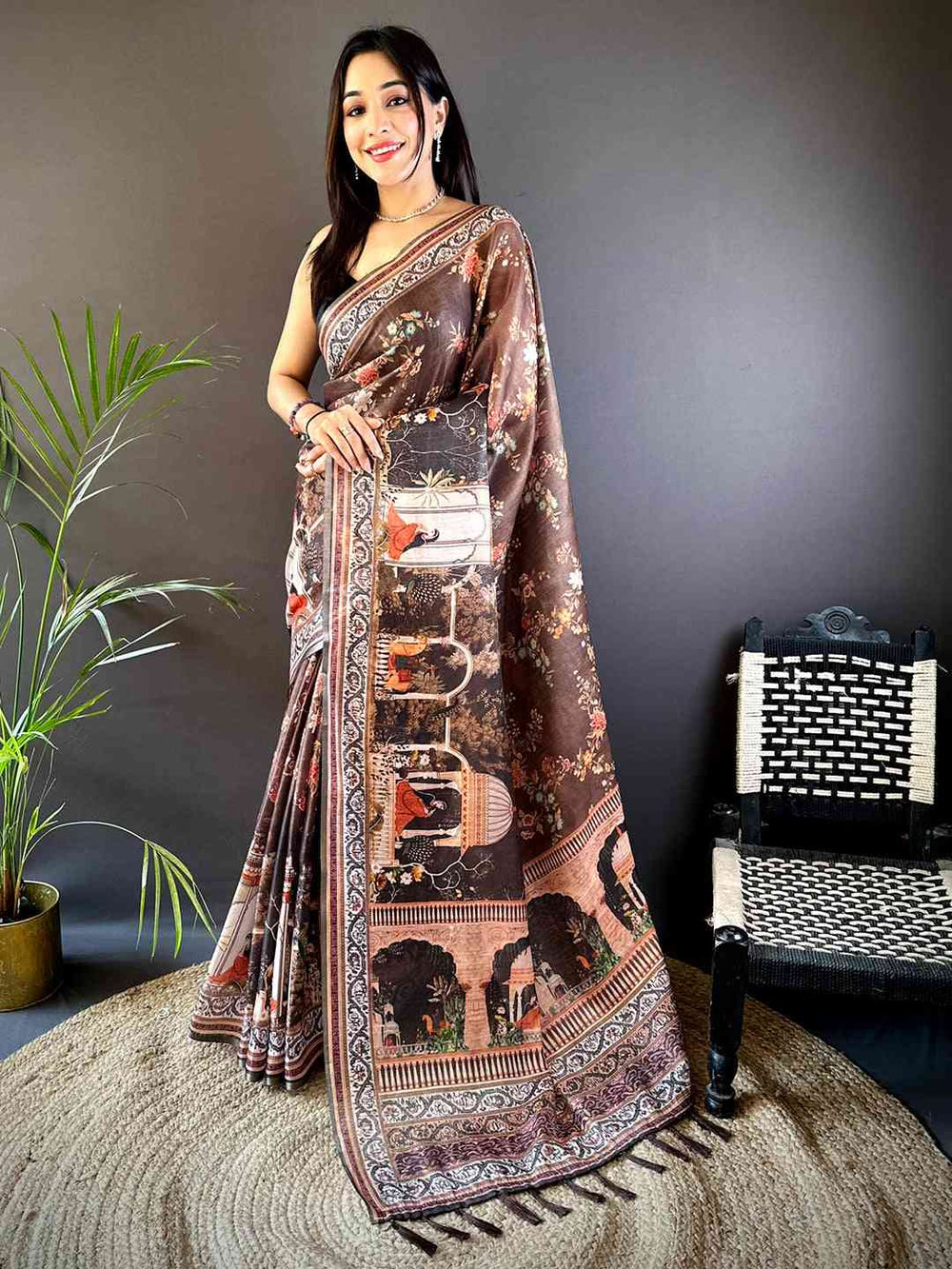 Coffee Brown Tissue Chanderi Kalamkari Handprint Saree