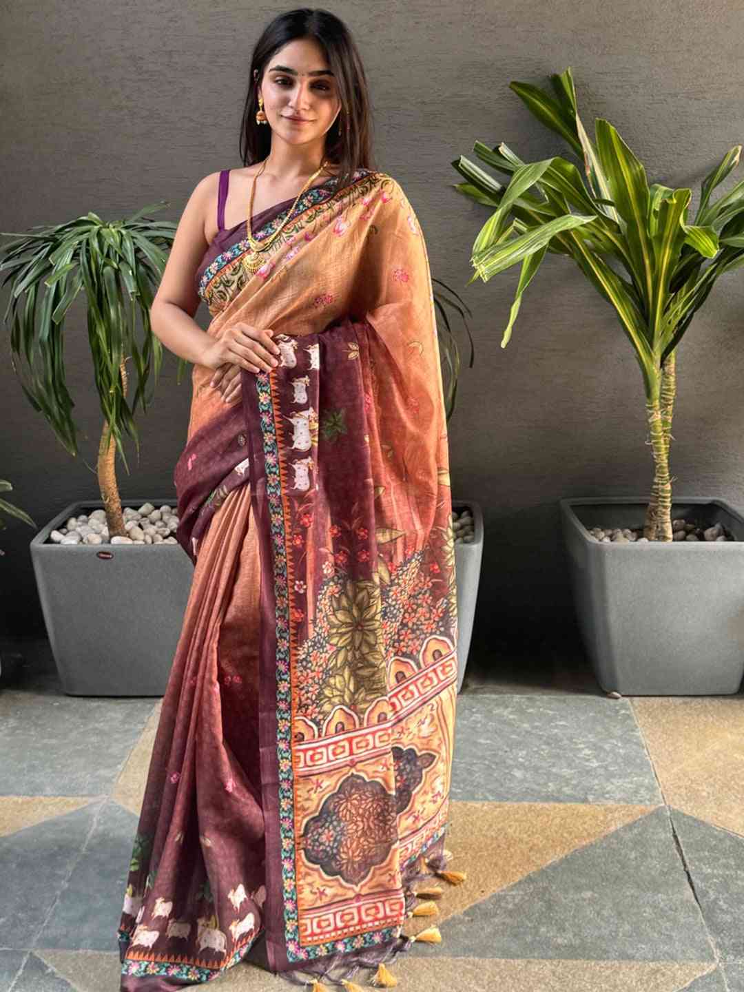 Soft Linen Ombre Pichwai Wine Saree, standing view
