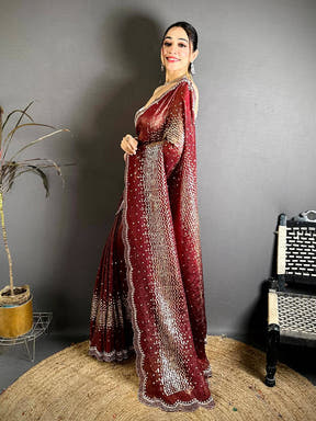 Wine Hotfix Sequin Diamond Zarkon Saree