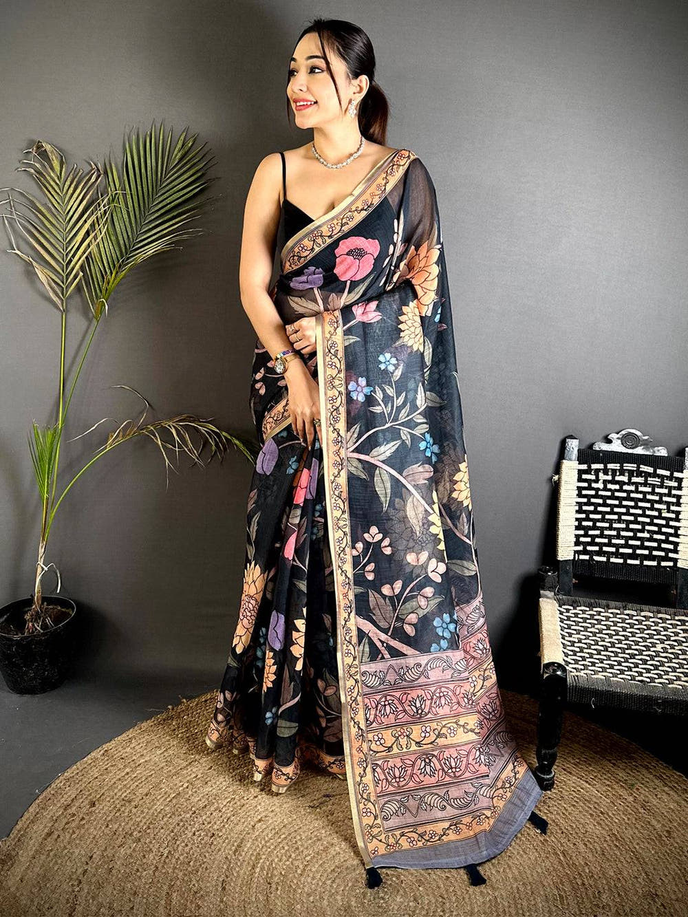 Black Floral Soft Linen Summer Saree