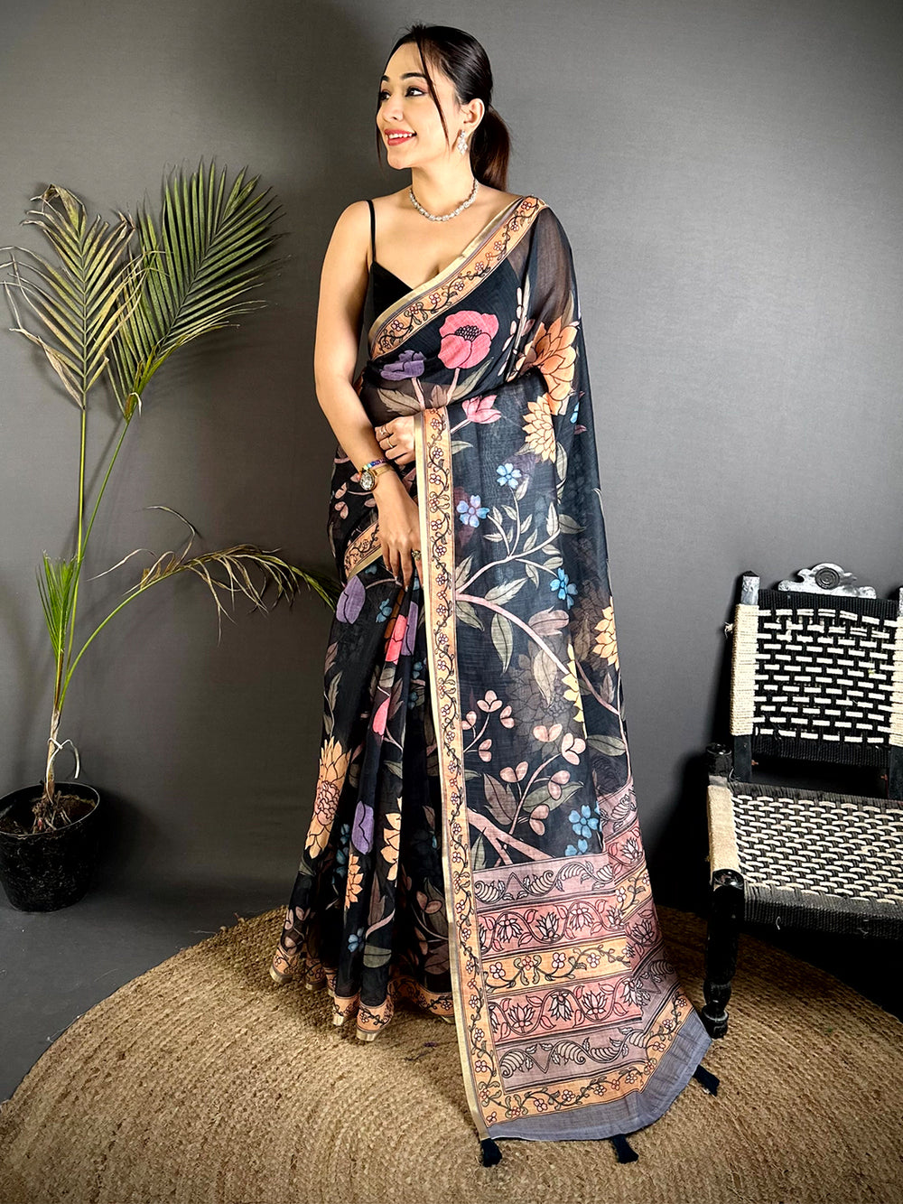 Black Floral Soft Linen Summer Saree