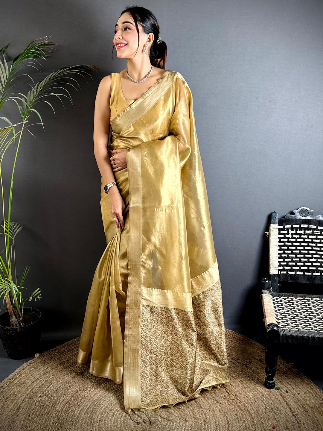 Radiant Brown Gold Zari Tissue Saree