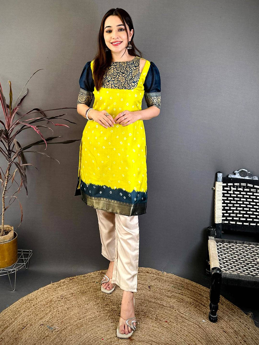 Yellow Soft Dola Silk Boat Neck Kurti