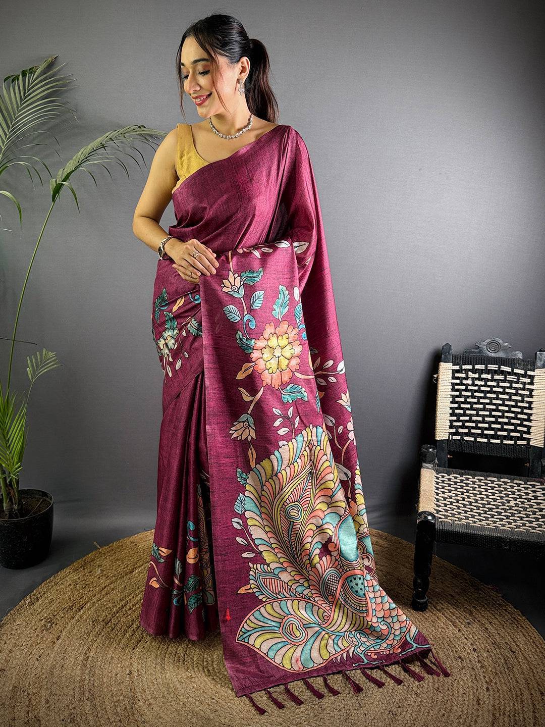 Wine Soft Semi Tussar Digital Print Saree

